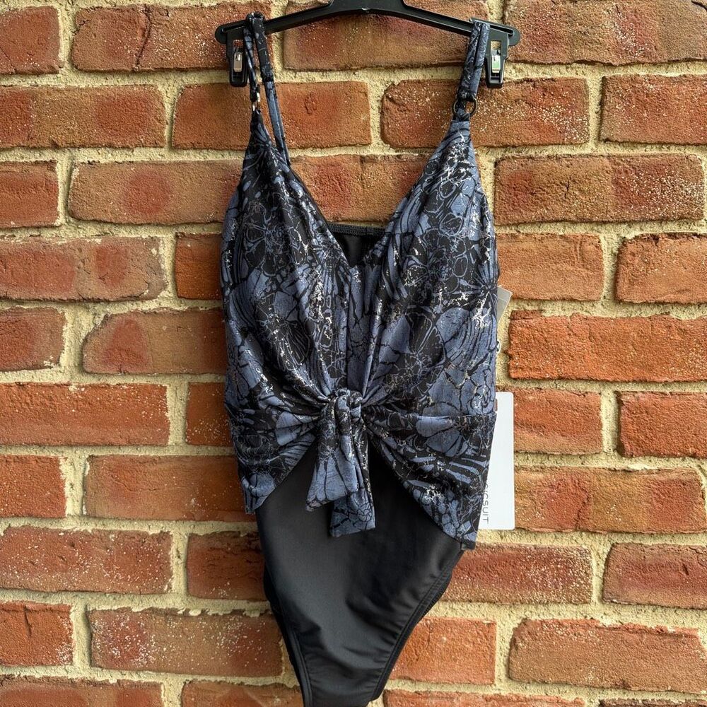 MAGICSUIT $204 Floral Tie Front One Piece Swimsuit Black Gray shaping Medium NEW